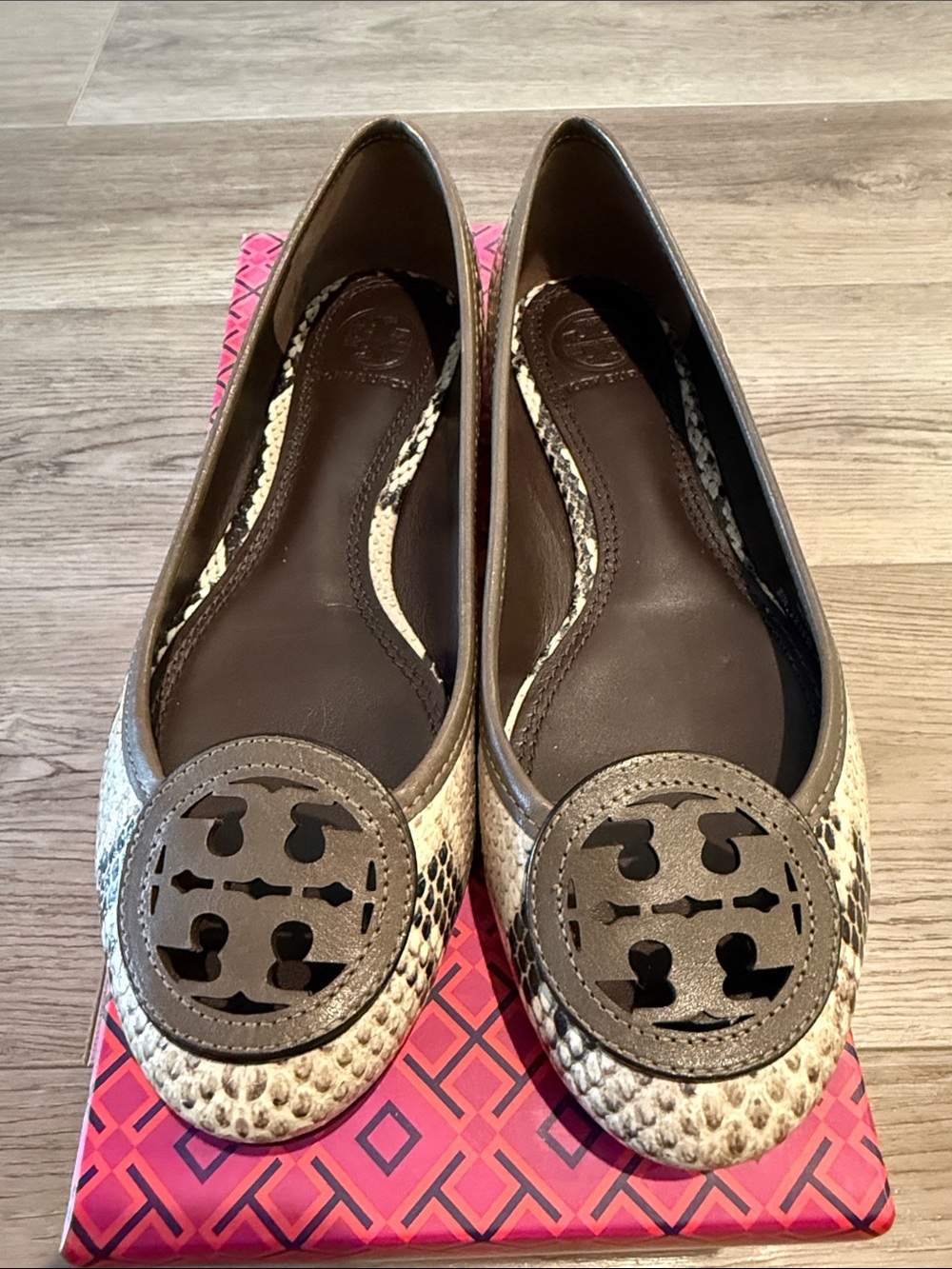 Tory Burch Brown and Cream Snake-Print Reva Ballet Flats